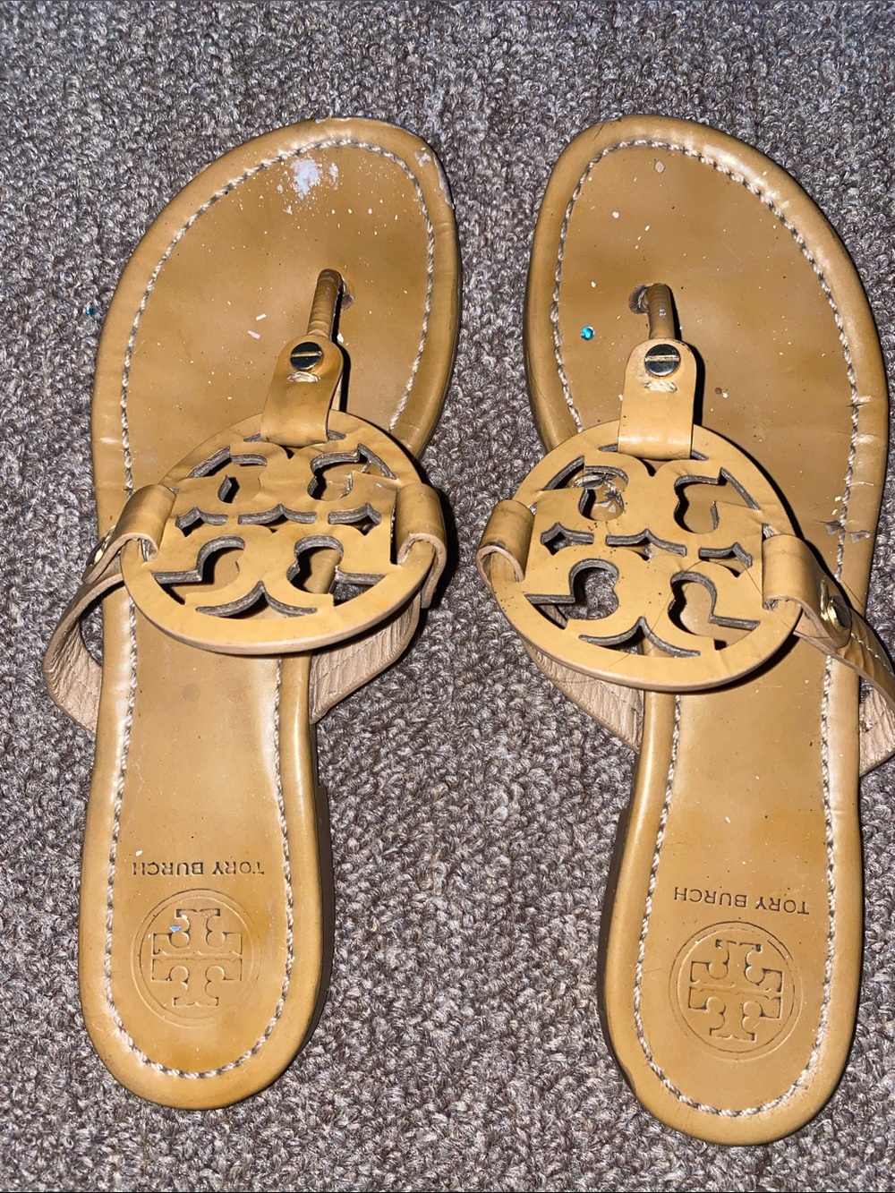Tory Burch Camel Tan Logo Thong Sandals